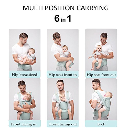 JooBebe Baby Carrier 6 in 1 Usage Front Back Infant Carrier, Soft Shoulder Strap Hip Seat Pad, 360 Ergonomic Protective, Breastfeeding Cover for All Seasons, 0-36 Months (Green)