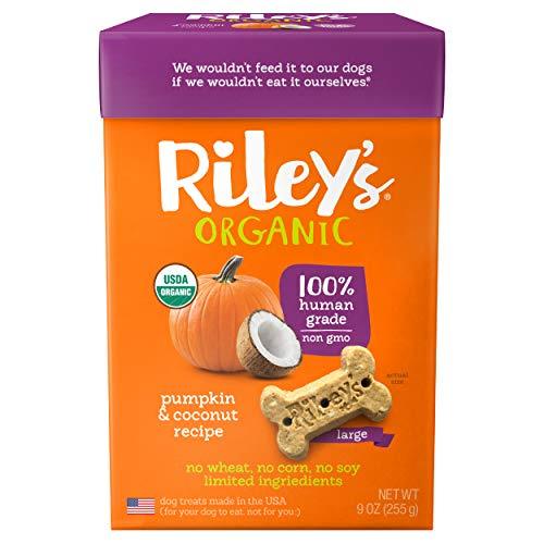Riley's Organic Dog Treats - Large Bone Pumpkin & Coconut Dog Treats - USDA Organic, Certified Vegan and Non GMO Project Verified Dog Biscuits - 100% Human Grade - 9 Oz Carton