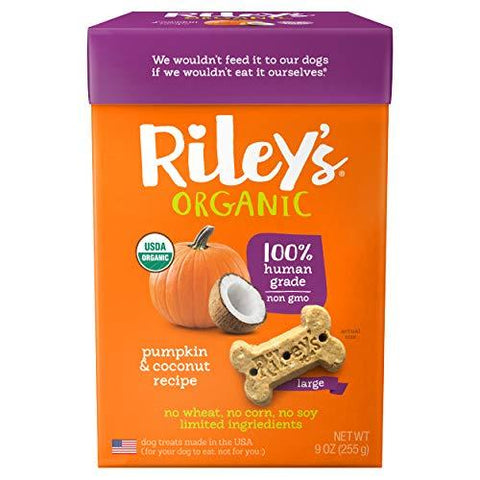 Riley's Organic Dog Treats - Large Bone Pumpkin & Coconut Dog Treats - USDA Organic, Certified Vegan and Non GMO Project Verified Dog Biscuits - 100% Human Grade - 9 Oz Carton