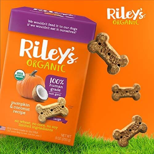 Riley's Organic Dog Treats - Large Bone Pumpkin & Coconut Dog Treats - USDA Organic, Certified Vegan and Non GMO Project Verified Dog Biscuits - 100% Human Grade - 9 Oz Carton