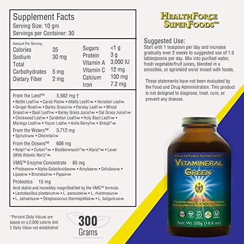 HealthForce SuperFoods Vitamineral Green Powder - 300 Grams - All Natural Green Superfood Complex with Vitamins, Minerals, Amino Acids & Protein - Vegan, Gluten Free - 30 Servings