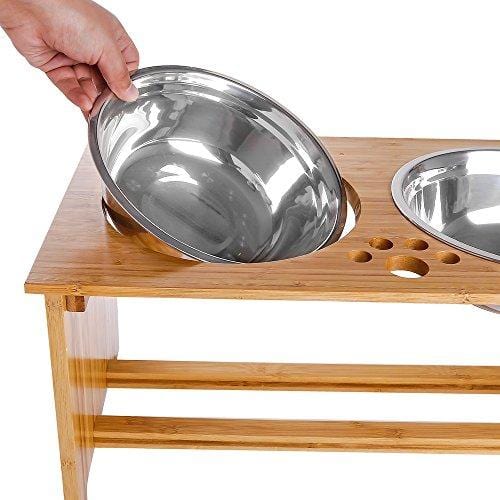 FOREYY Raised Pet Bowls for Medium and Large Dogs - Bamboo Elevated Dog Cat Food and Water Bowls Stand Feeder with 2 Stainless Steel Bowls and Anti Slip Feet (New 10'' Tall)