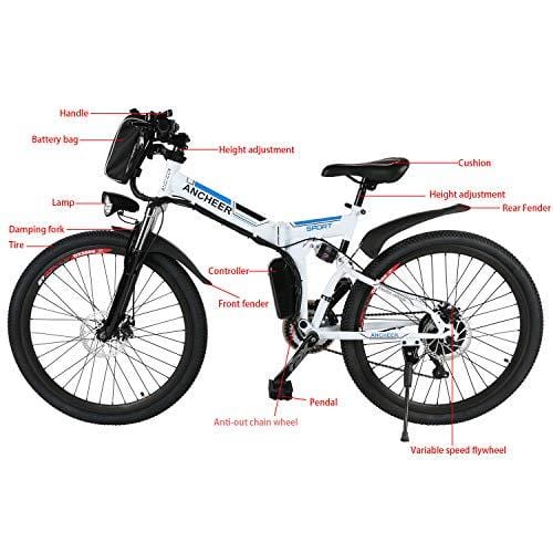 ANCHEER Folding Electric Mountain Bike with 26 Inch Wheel, Large Capacity Lithium-Ion Battery (36V 250W), Premium Full Suspension and Shimano Gear (Black) (White)