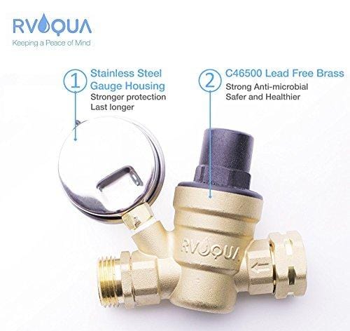 RVAQUA M11-45PSI Water Pressure Regulator for RV Camper - Brass Lead-Free Adjustable RV Water Pressure Reducer with 160 PSI Gauge and Inlet Stainless Screened Filter