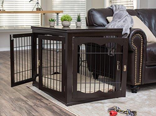 Internet's Best Decorative Dog Kennel with Pet Bed | Double Door | Wooden Wire Dog House | Large Indoor Pet Crate Side Table | Espresso