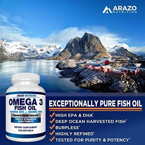 Omega 3 Fish Oil 2250mg | HIGH EPA 1200MG + DHA 900MG Triple Strength Burpless Capsules | Arazo Nutrition (120 Count)