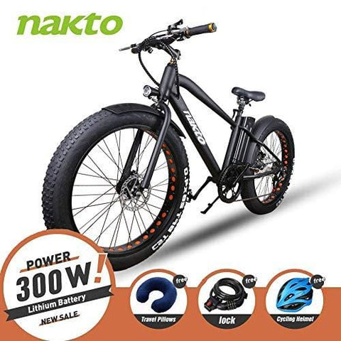 NAKTO 26" 350W Fat Tire Electric Bicycle Mountain Snow Beach Sporting Shimano 6 Speed Gear EBike Brushless Gear Motor with Removable Waterproof Large Capacity 36V10A Lithium Battery and Battery Charge