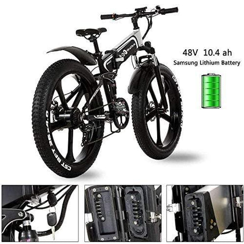 W Wallke 26 inch Folding Aluminum Electric Bike 48V 10.4ah Removable Battery Fat Tire Snow Mountain Bike 750W Beach Cruiser Adult Assisted E-Bike Double Disc Hydraulic Brake