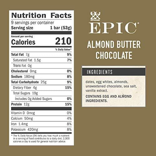Epic Provisions EPIC Performance Bar Almond Butter Chocolate, 16.83 oz, 9 Count