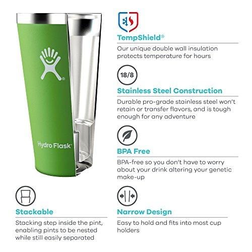 Hydro Flask 16 oz Stackable & Shatterproof Double Wall Vacuum Insulated Stainless Steel True Pint Camping Cup for Beer or Cider, Mint (No Lid Included)