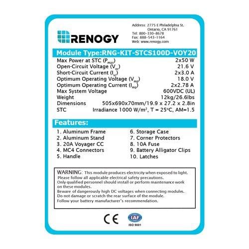 Renogy 100 Watt 12 Volt Monocrystalline Off Grid Portable Foldable 2Pcs 50W Solar Panel Suitcase Built-in Kickstand with Waterproof 20A Charger Controller