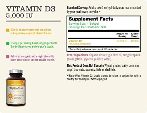 NatureWise Vitamin D3 5,000 IU for Healthy Muscle Function, Bone Health, & Immune Support | Non-GMO in Cold-Pressed Organic Olive Oil & Gluten-Free (Packaging May Vary) [1Year Supply - 360 Count]