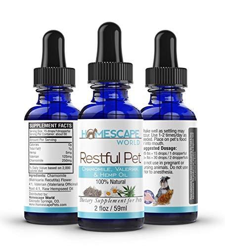 Hemp, Chamomile & Valerian RESTFUL PET Oil - Hemp Oil Supplement for Dogs & Cats Anxiety Relief - Natural, Calming Oil Promotes Relaxation & Stress Reduction to Calm Your Anxious Dog or Cat - 2oz