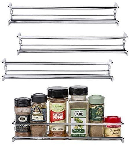 Unum Chrome Wall-Mount/Cabinet Door Spice Rack (x4) - Single Tier Hanging Spice Organizers/Racks for Pantry, Kitchen Wall/Cupboard, Over Stove, and Closet Door Storage - 11 3/8"L x 3"D x 2"H