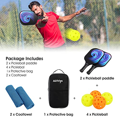 ALLFEIYA Pickleball Paddles Set of 2 Pickleball Paddles, 4 Pickleball Balls, 1 Bag and 2 Cooltowels ，Pickleball Paddles with Carbon Fiber Paddle Surface， Polypropylene Honeycomb Core, Edge Guard