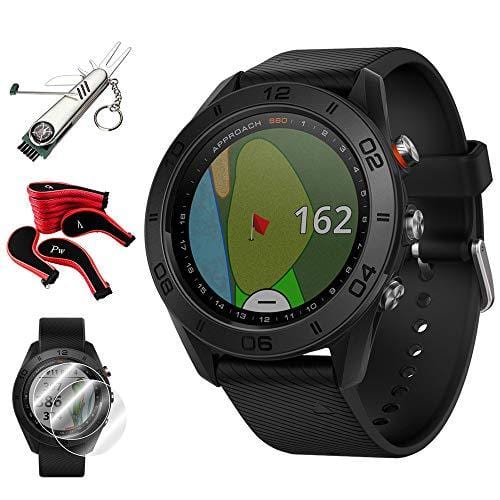 Garmin Approach S60 Golf Watch Black w/Black Band + Screen Protector (2Pack) + 7-in-1 Multi-Function Golf Tool + Neoprene Zippered Headcover for Golf Club Iron Head Covers Set + Extended Warranty
