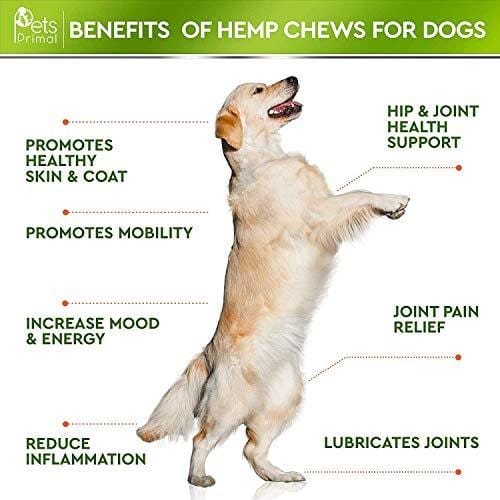 Pets Primal Hemp Hip & Joint Supplement for Dogs - Mobility Chews w/Glucosamine for Dogs - Joint Pain Relief - Reduce Inflammation - w/Chondroitin, MSM, Turmeric, Organic Hemp Seed Oil, Hemp Protein