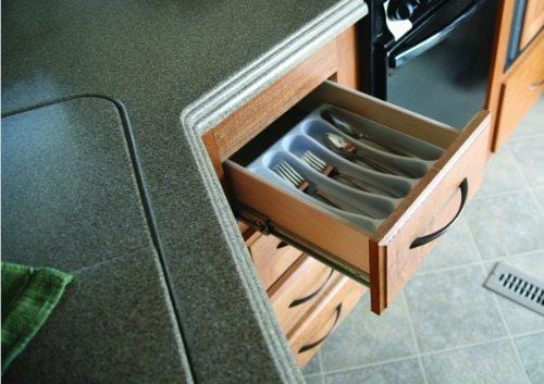 Camco Adjustable Cutlery Tray - Designed for RV and Compact Kitchen Drawers , Adjusts between 9" and 13" for An Easy Custom Fit -White (43503)