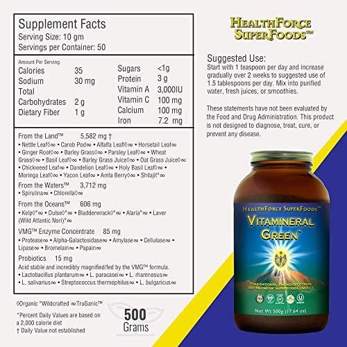 HealthForce SuperFoods Vitamineral Green Powder - 500 Grams - All Natural Green Superfood Complex with Vitamins, Minerals, Amino Acids & Protein - Vegan, Gluten Free - 50 Servings