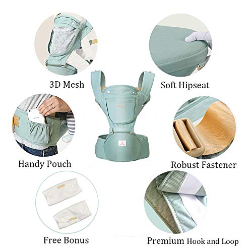 JooBebe Baby Carrier 6 in 1 Usage Front Back Infant Carrier, Soft Shoulder Strap Hip Seat Pad, 360 Ergonomic Protective, Breastfeeding Cover for All Seasons, 0-36 Months (Green)