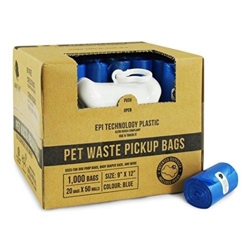 Gorilla Supply 1000 Blue Dog Pet Poop Bags, EPI Technology, 50 Refill Rolls (with Patented Dispenser)