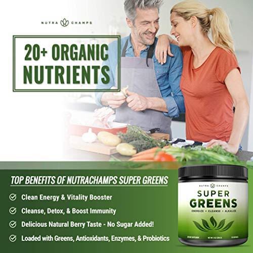 Super Greens Powder Premium Superfood - 20+ Organic Green Veggie Whole Foods - Wheat Grass, Spirulina, Chlorella & More - Antioxidant, Digestive Enzyme & Probiotic Blends | Vegan Juice Supplement