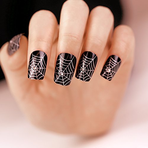 ArtPlus Preglued 24pcs Halloween Gothic Black Silver Spider Web with Crystals False Nails with Upgraded Adhesive Tabs Press on and Glue Full Cover Long Length Fake Nails Art