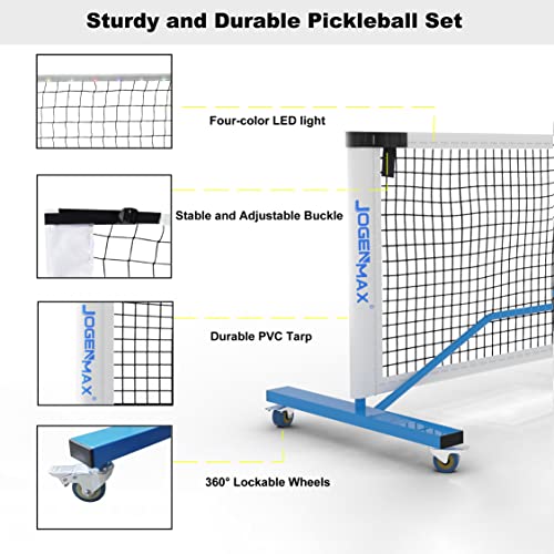 JOGENMAX Portable Pickleball Net System with Lockable Wheels, Metal Frame Pickleball Court with LED Light, Regulation Size Net with Durable Carrying Bag, and 4 Pickleball Rackets.