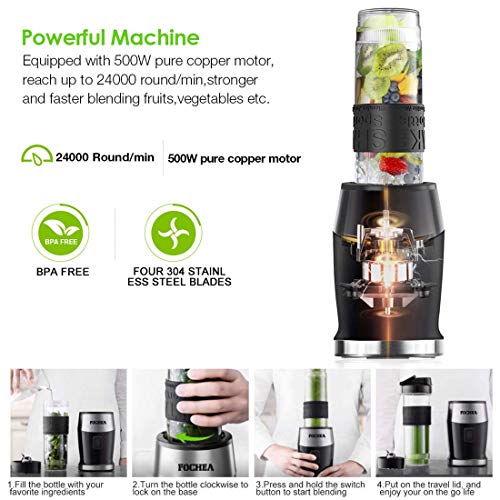 Smoothie Blender, Fochea 500W Personal Blender with BPA-Free Travel Bottles (2 * 20 oz) for Smoothies, Ice and Frozen Fruit