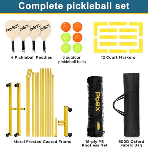 Deeliva Pickleball Set Net with Wheels Driveway Portable Outdoors Regulation Size Pickle Ball Nets System with 4 Paddles, 6 Pickle Balls, Court Line Marker, Carry Bag, Weather Resistant Metal Frame