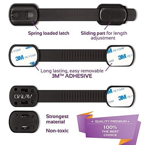 Baby Proofing Safety Cabinet Locks - Child Proof Latches for Dresser Drawer Cupboard Doors Closet Oven Refrigerator Fridge - Adjustable Childproof Straps by Oxlay - Black - 6 Pcs