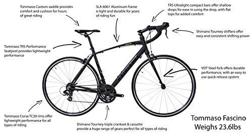 Tommaso Fascino - Sport Performance Aluminum Road Bike, Shimano Tourney, 21 Speeds - Black/Yellow - Large