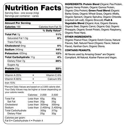 Amazing Grass Organic Plant Based Vegan Protein Superfood Powder with Vitamin Matrix, Flavor: Chocolate Peanut Butter, 10 Servings, 15.1oz, Meal Replacement Shake