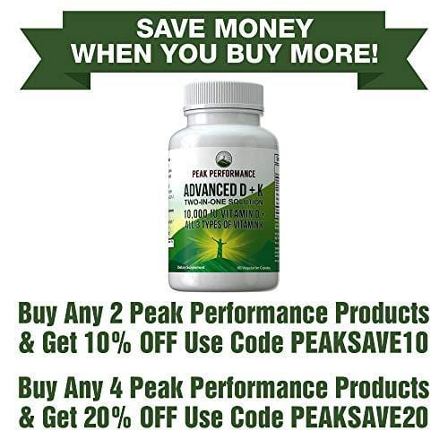 Advanced Vitamin D 10000 IU + All 3 Types of Vitamin K Capsules by Peak Performance. 10,000 IU Vitamin D3 and Vitamin K2 MK-7 (MK7) K2 MK4 K1 Supplement! 60 Small & Easy to Swallow Pills