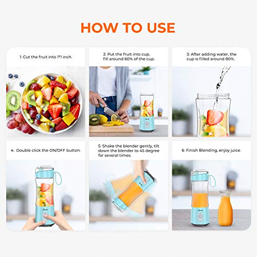 Portable Blender, Personal Size Blender Smoothies and Shakes, Mini Blender 4000mAh USB Rechargeable with Six Blades, Handheld Blender Sports,Travel,Gym (Blue)