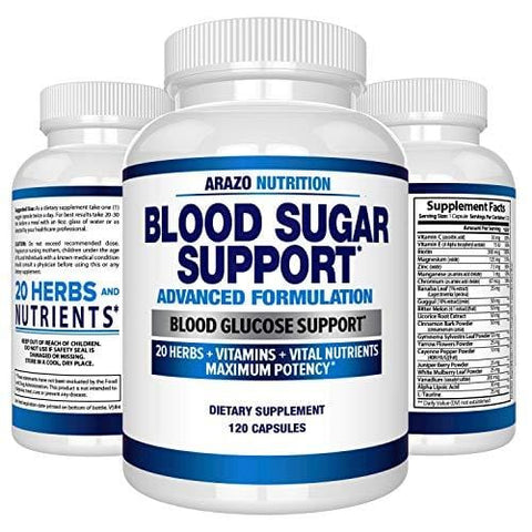 Blood Sugar Support Supplement - 20 Herbs & Multivitamin for Blood Sugar Control with Alpha Lipoic Acid & Cinnamon - 120 Pills - Arazo Nutrition