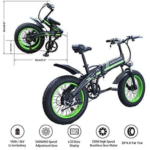 KEANTY 20" Folding Electric Mountain Bike, Fat Tire Electric Bike Beach Snow Mountain Bicycle with 36V/10AH Large Capacity Lithium Battery and Two Cycling Modes (Green)