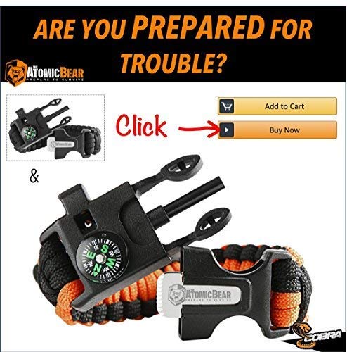 Atomic Bear Paracord Bracelet (2 Pack) - Adjustable Size - Fire Starter - Loud Whistle - Emergency Knife - Perfect for Hiking, Camping, Fishing and Hunting - Black & Black+Orange