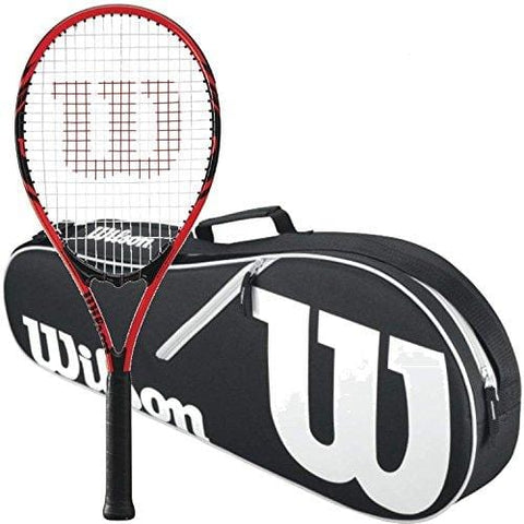 Wilson Federer Black/Red 2018 Strung Tennis Racquet Bundled with a Black/White Wilson Advantage II Tennis Racket Bag