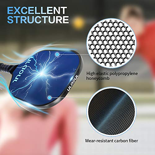 ULAOUL Pickleball Paddles Set of 2 Lightweight Pickleball Rackets Carbon Fiber Surface Polypropylene Honeycomb Core, 4 Pickleball Balls 2 Additional Cushion Grip Strips & 1 Portable Racquet Bag.