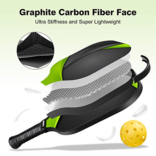 GRM Pickleball Paddles Set of 4, Graphite Pickleball Set Lightweight Pickleball Racket, 4 Pickleball Paddles and 4 Balls Including Portable Carry Bag (Green)