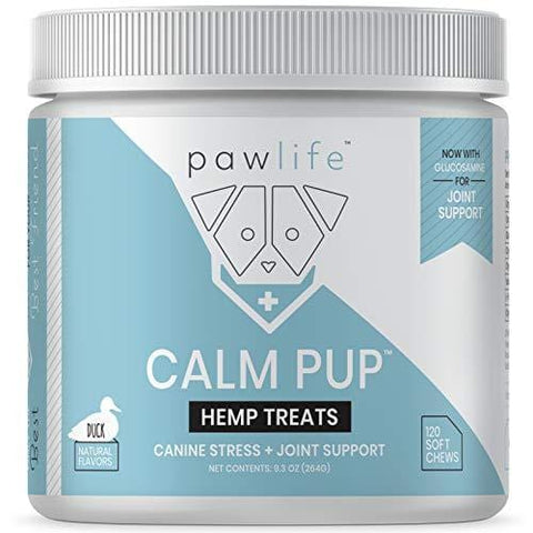 pawlife Calming Treats for Dogs Plus Glucosamine - Hemp Oil Infused Soft Chews for Dog Anxiety Support- 120 Dog Calming Treats (Duck)