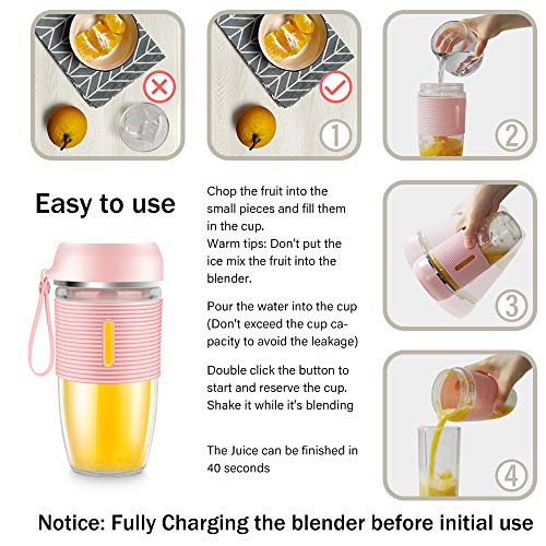 Portable Blender for Handmade Fruit or Vegetable Smoothie 350 ML Pink Mini Juicer with USB Rechargeable and Waterproof BPA Free Suitable for Outdoor, Travel, Home, Personal Used and Sport