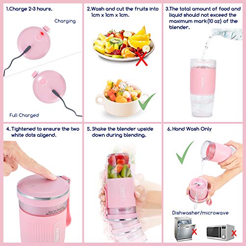 Portable Blender, Cordless Personal Blender Juicer, Mini Mixer, Smoothies Maker Fruit Blender Bottle Cup With USB Rechargeable, BPA Free, 10oz,for Home, Office, Sports, Travel, Outdoors, by Aeitto
