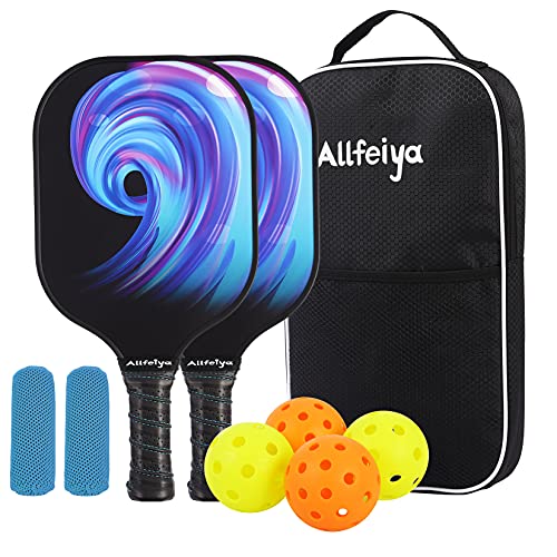 ALLFEIYA Pickleball Paddles Set of 2 Pickleball Paddles, 4 Pickleball Balls, 1 Bag and 2 Cooltowels ，Pickleball Paddles with Carbon Fiber Paddle Surface， Polypropylene Honeycomb Core, Edge Guard