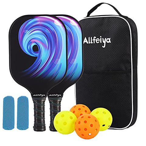 ALLFEIYA Pickleball Paddles Set of 2 Pickleball Paddles, 4 Pickleball Balls, 1 Bag and 2 Cooltowels ，Pickleball Paddles with Carbon Fiber Paddle Surface， Polypropylene Honeycomb Core, Edge Guard