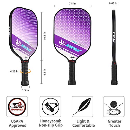 XS XSPAK Upgrade Pickleball Paddles Set of 2,USAPA Approved Pickleball Paddles with Fiberglass Surface,Polymer Honeycomb Core,Soft Cushion Grips, 1 Bag,4 Pickleball Balls for Indoor and Outdoors