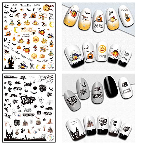 Halloween Nail Stickers Decals DIY Nail Art Tips Accessories 8 Sheets Pumpkin Witch Spider Bat Ghost Eye Nail Art Stickers Self-adhesive Designs Fingernails Toenails Decorations for Halloween Party