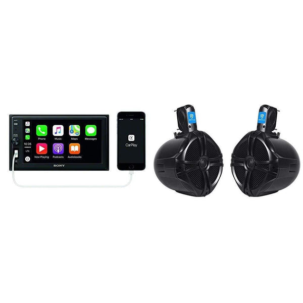 Sony XAVAX1000 6.2" (15.7 cm) Apple CarPlay Media Receiver with BLUETOOTH with Rockville Pair 8" Black 2 Way 600 Watt Marine Wakeboard Tower Speakers (RWB80B)