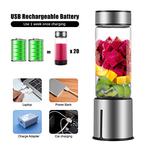 KACSOO Portable Blender for Smoothie and Shakes, 2 Lids Personal Blender USB Rechargeable Cordless 15 OZ Small Mixer Glass Fruit Juicer Cup Single Serve Blender for Travel on the go